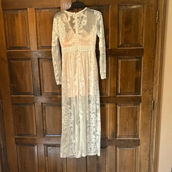 Altar'd State Norrie Maxi Dress XS White Lace Boho Wedding Engagement Nude Liner - Image 6