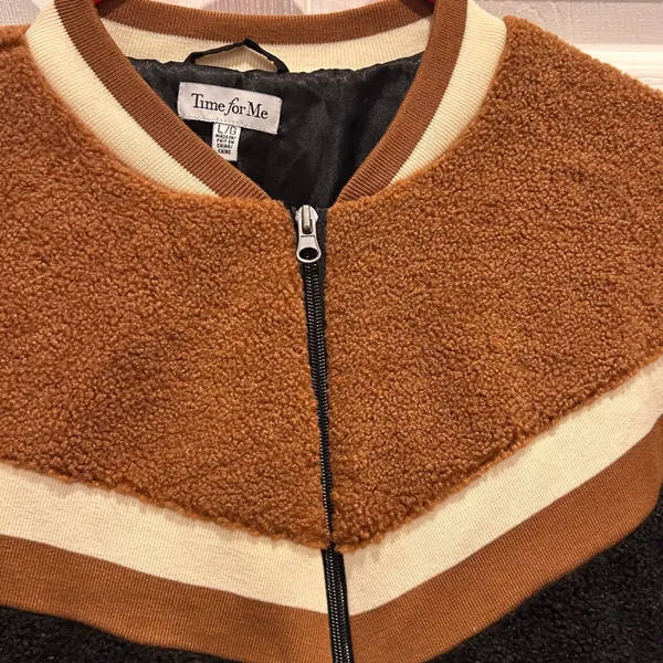 Time for Me Sherpa Colorblock Bomber Jacket‎ Womens Size L Cozy Teddy Fleece - Image 4