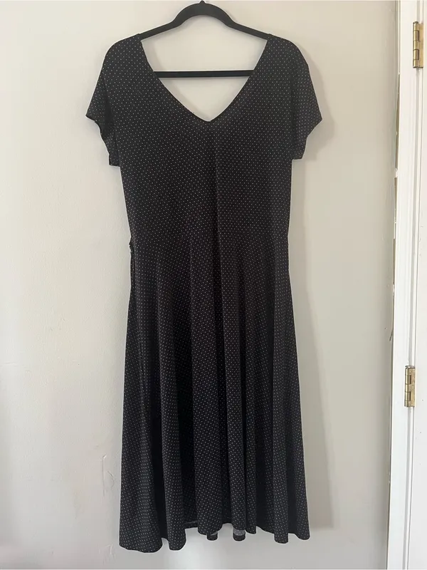 Merona Black Polka Dot Faux Wrap Midi Dress Large Teacher Office Modest Church - Image 4