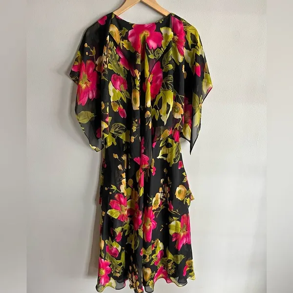 Vicky Tiel Black Floral Chiffon Midi Dress Flutter Sleeve Wedding Guest M - Image 7