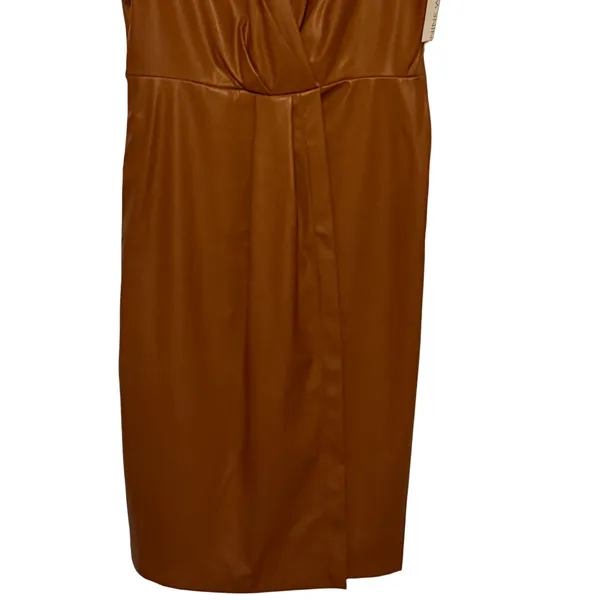 Nine West Dress Womens Size M Brown Faux Leather Wrap Short Sleeve Collar V Neck - Image 7