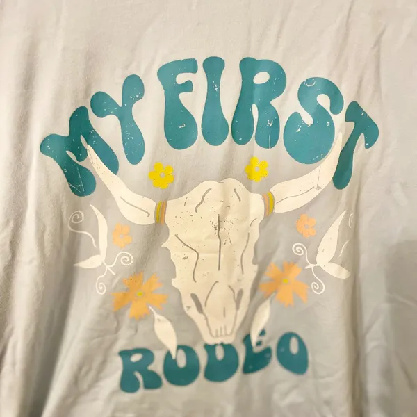 Maternity T Shirt My First Rodeo Bull Skull‎ Graphic Blue Short Sleeve Top M - Image 2