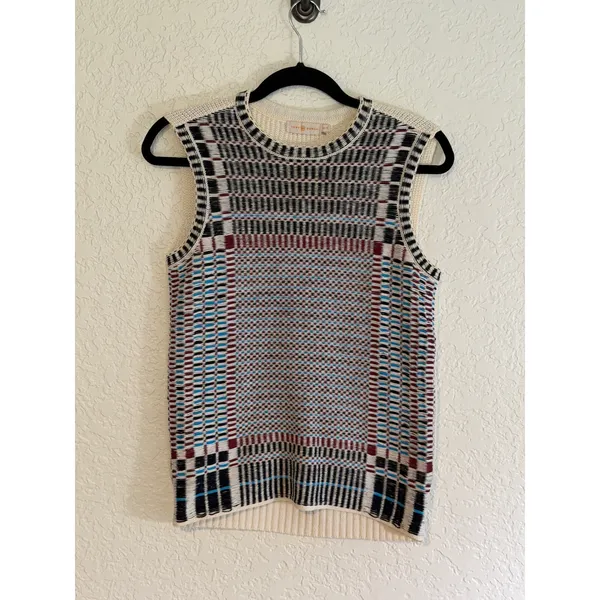 Tory Burch Sweater Vest Multicolor XS Womens Geometric Plaid Layering Knit - Image 5