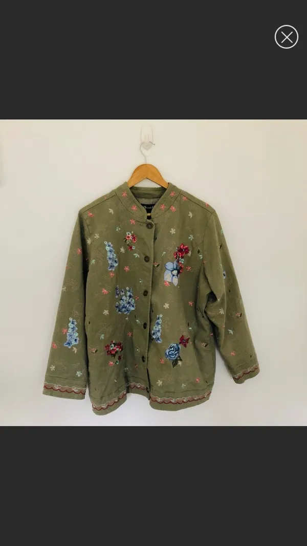 Denim & Co Vintage Floral Olive Jacket Button Up Flowers Butterflies Green Pockets - Image 10
