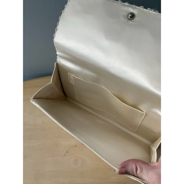 Vtg White Satin Beaded Evening Clutch Purse Handmade Hong Kong Wedding Prom Gala - Image 7