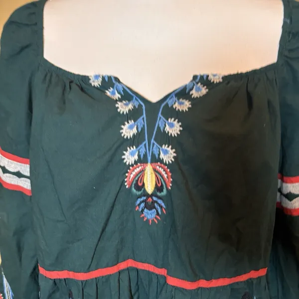 Anthropologie Let Me Be Embroidered Tunic‎ Dress Green Boho Peasant Medium - Image 3
