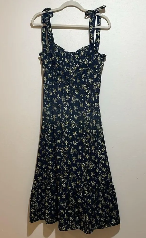 o.p.t. Toile De Jouy Midi Dress Ruffle Tie Straps Black Floral Size Large - Image 3