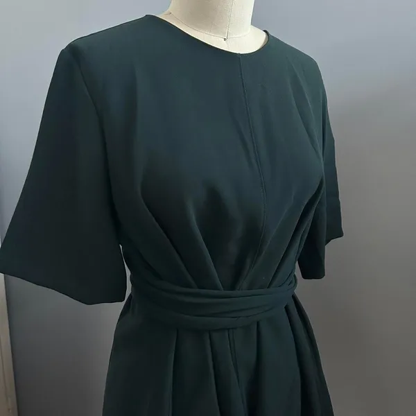 Zara dark green asymmetrical hem tie belted short sleeve blouse - Image 2