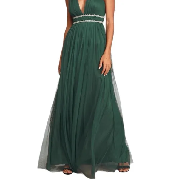 Lulus New Delightful Occasion Emerald Green Beaded Tulle Maxi NYE Dress Gown - Image 2