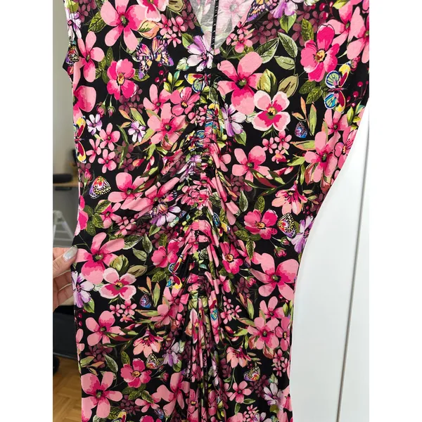 Hale Bob LA Floral Colorful Alessia Jersey Ruched Flounce Dress Size Medium - Image 9