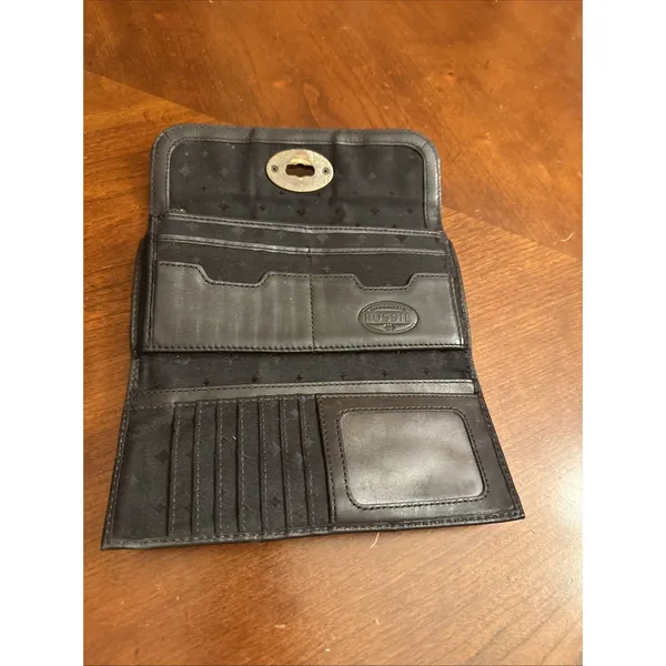 Fossil Authentic Black Genuine Leather Bifold Wallet Classic Natural W Turn Lock - Image 6