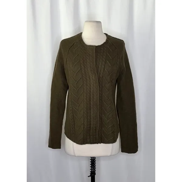 Anthropologie KNITTED & KNOTTED Green Wool Zippered Cable Knit Cardigan Medium‎ - Image 2