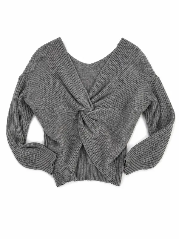Zanzea Oversized Knit Sweater Gray Twist Front Back V Neck Chunky Cozy‎ Boho - Image 2