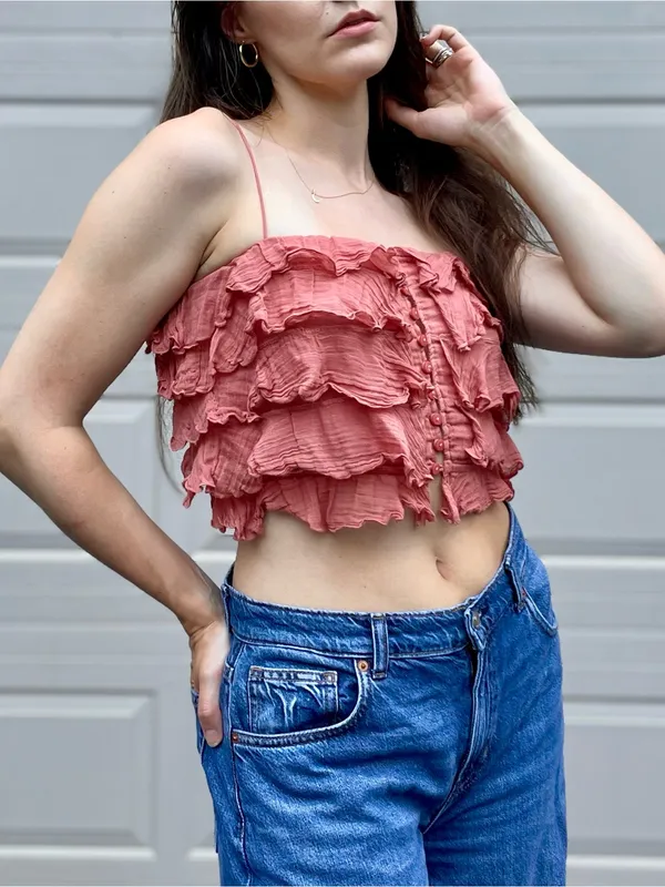 Free People Dusty Rise Pink Bohemian Ruffle Crop Top Small - Image 4