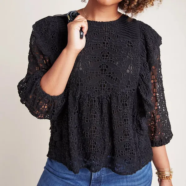 Anthropologie Clementine Eyelet Lace Blouse Black Ruffle Puff Sleeve Size 6 - Image 12