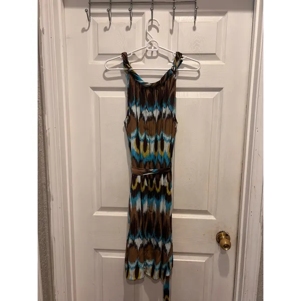 Banana Republic Womens Large 100% Silk Ikat Print Sleeveless Belted Dress Brown - Image 5