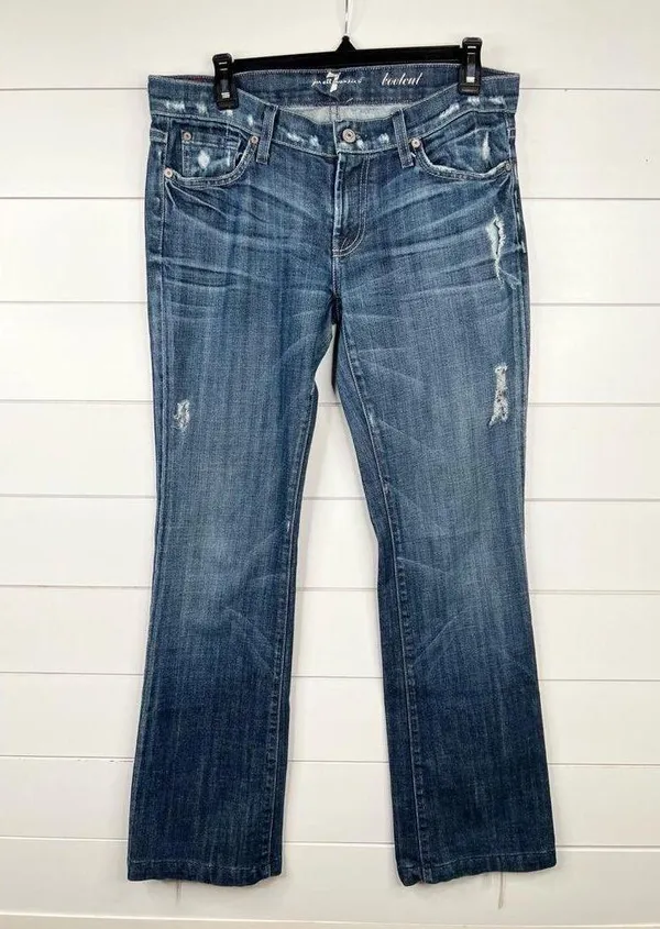 7 For All Mankind Medium Wash Distressed Bootcut Jeans Size 29 7.5" Low Rise - Image 2