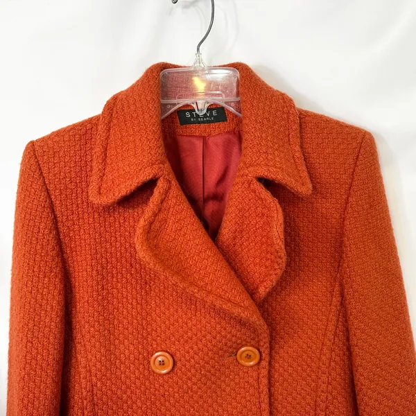 Steve by Searle Small Coat‎ Wool Italy USA Orange Textured Double Breasted VTG C - Image 3