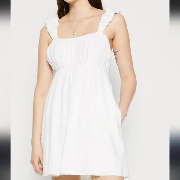 Abercrombie & Fitch White Smocked Ruffle Strap Linen Blend Mini Dress - Image 2