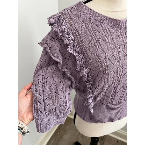 Pointelle Ruffle Knit Sweater Large Purple Boho Chic Coquette Romantic Feminine - Image 3