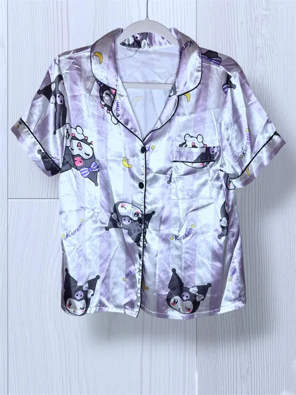 SANRIO KUROMI Satin Pajama Top Purple Striped Button Down Sleep Shirt - Size M - Image 3