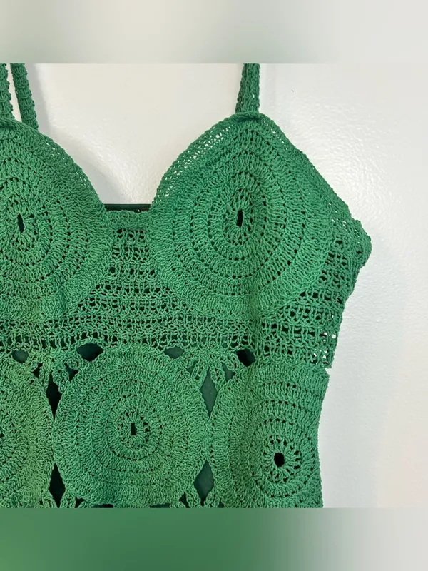 FORE Emerald Green Knit Crochet Sleevless Scallop Cotton Mini Dress Size Large - Image 5