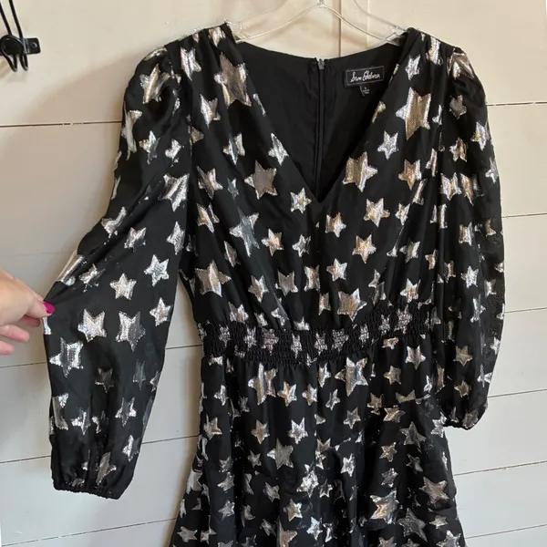 Sam Edelman Womens 6 Black Silver Metallic‎ Star Print Mini Dress V Neck - Image 12