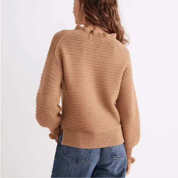 Madewell Merino Wool Blend Textured Knit Ruffle Sweater Camel Brown Size S - Image 2