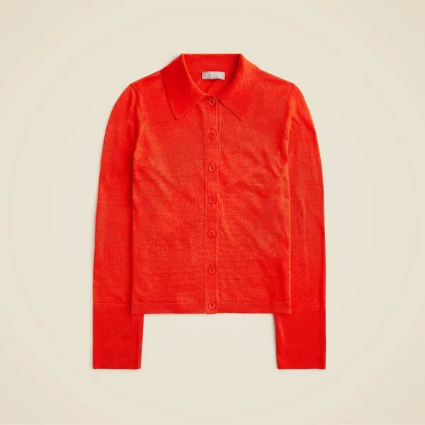 NWT!! J. CREW Collared Button-Up Sweater Cardigan Linen Poppy Orange Red Small - Image 11
