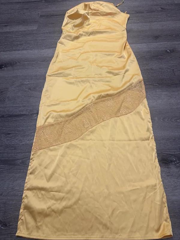 Yellow Satin Maxi Slip Dress with Lace Insert - Image 4