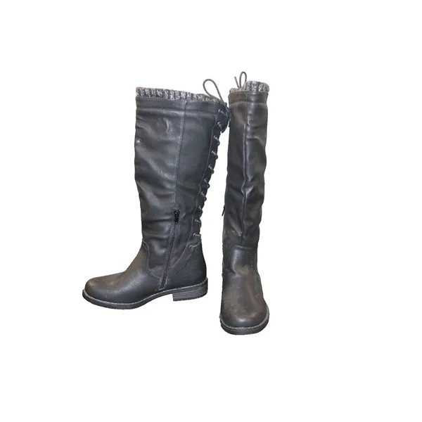 XOXO Black Boots Womens 5.5 M Knee High Sweater Cuff Lace Up Back Side Zip - Image 3