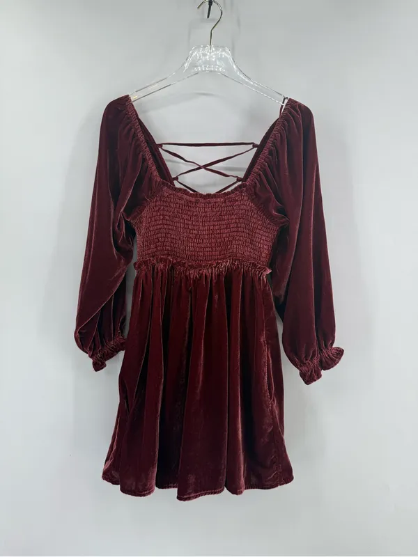 Free‎ People Daphne Burgundy Wine Velvet Babydoll Mini Dress size xs - Image 3