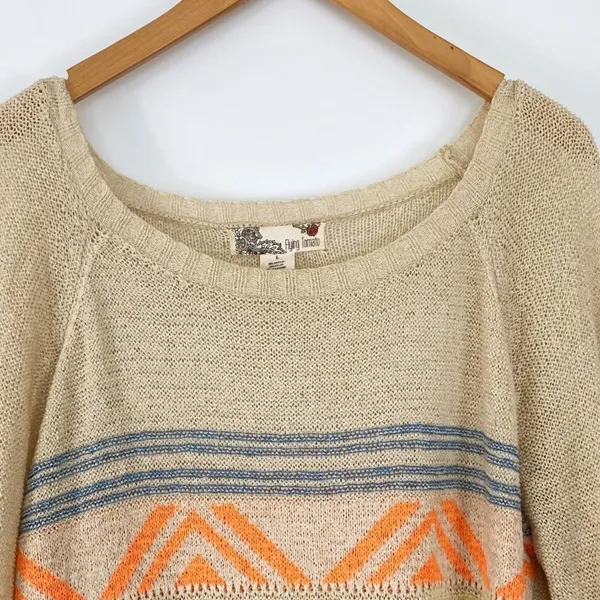 Lulus Boho Aztec Beige Embroidered Print Lightweight Knit Sweater Womens L - Image 3