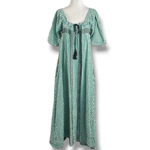 Free People Bohemian Embroidered Gingham Seersucker Cass Maxi Dress Green Small - Image 8