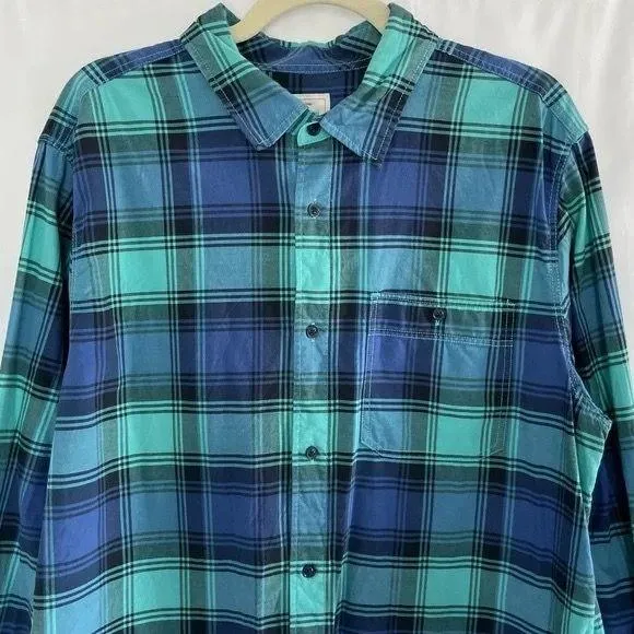 Gap Plaid Lived-In Cotton Long Sleeve Button Down Shirt Blue Aqua Size XL - Image 3