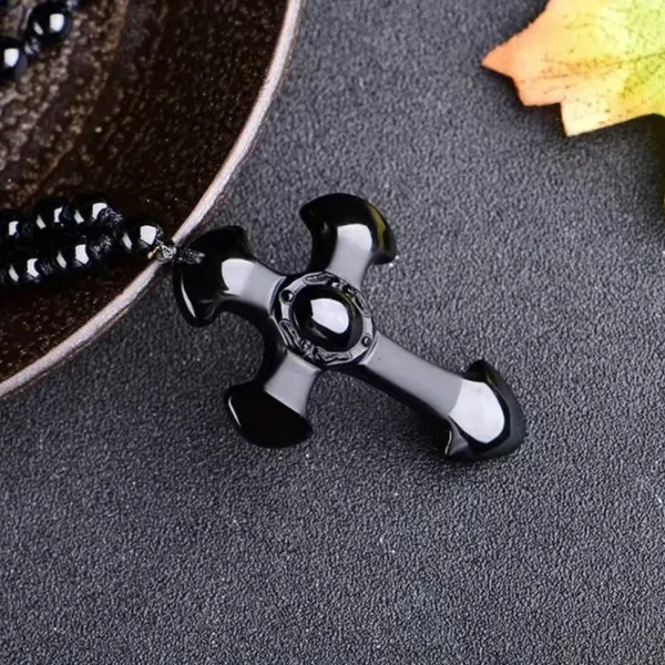 1pc Classic‎ Religious Style Christian Cross Fashion Obsidian Pendant Necklace - Image 4