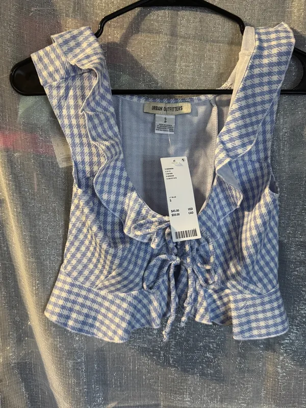 Urban Outfitters Blue Gingham Ruffle Tie-Front Crop Top - Image 5
