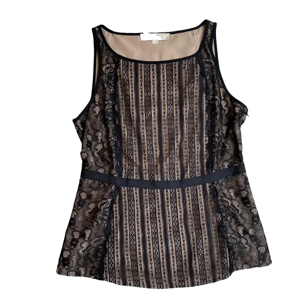LOFT Sleeveless Blouse Black Lace Over Tan Lined‎ Tank Top 0 $58 - Image 2