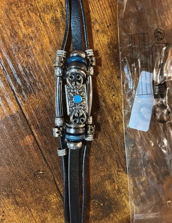 Vintage Multilayer Black Leather Bracelet Silver Accents and Turquoise Stone - Image 4