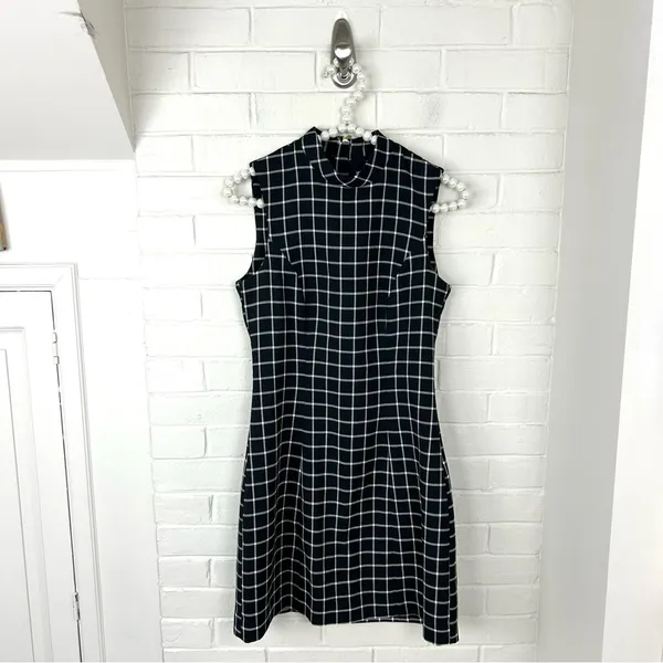 H&M Black Plaid Checked Grid Print Mini Dress Size 6 - Image 2