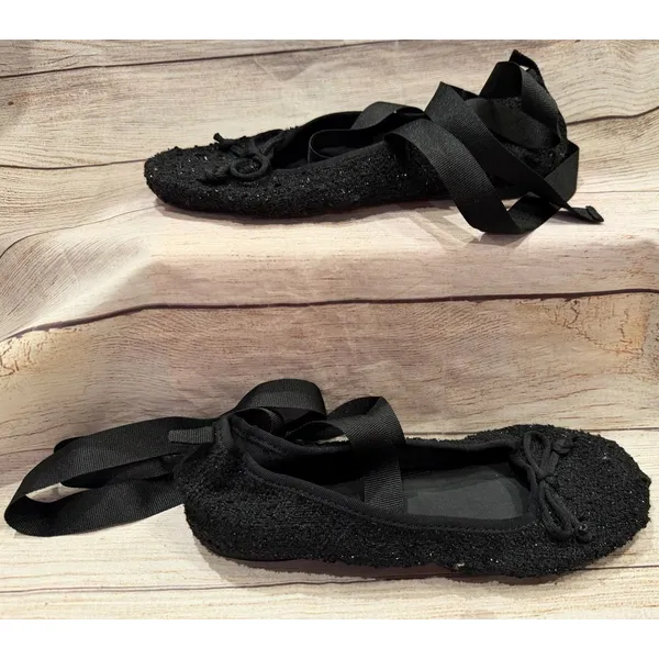 ZARA 37 / 6.5 women's black ballet flat slipper lace ankle tie shoe tweed ribbon - Image 3