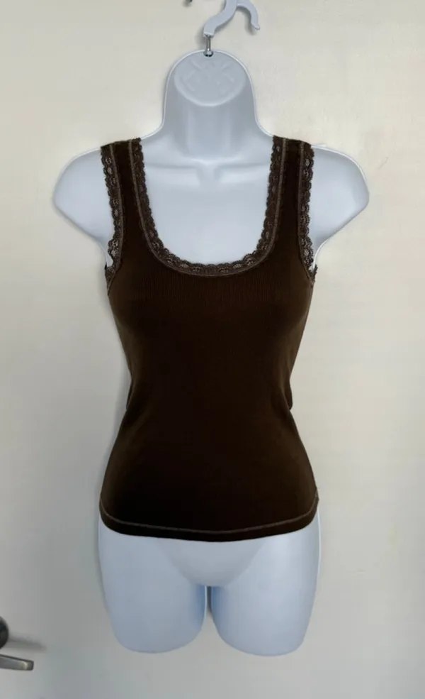 Brandy Melville Brown lace trim cotton tank top - OS - Image 2