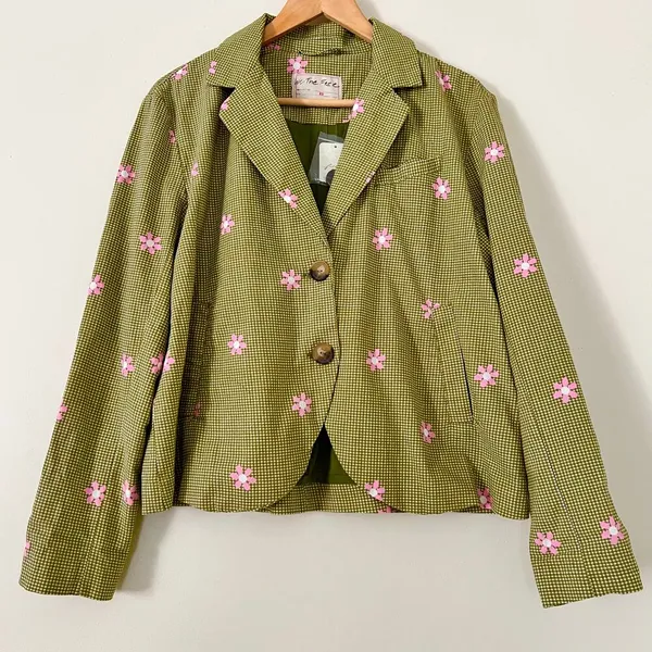 NWT $198 Free People Cali‎ Printed Blazer Jacket XS Green Daisy Flower Pink - Image 5