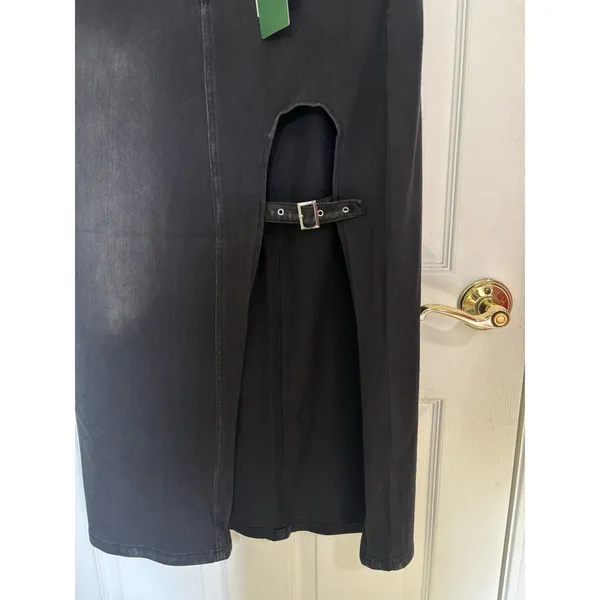 NWT Halara Black Flex Denim Maxi Skirt Buckle Slit L Utility Goth Grunge - Image 3