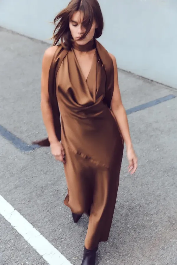 Zara dress gown maxi halter scarf satin plunge neck Brown Evening Wedding - Image 10