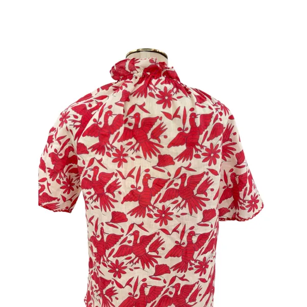 Nimo With Love Linen Bird Print Ruffle Neck Blouse‎ Red Cream Size XS - Image 7