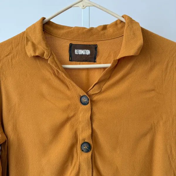 Reformation S Mustard Button Crepe Blouse Top Preppy Classic‎ Minimalist - Image 2