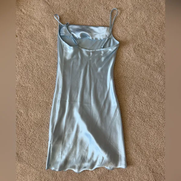 bebe Light Blue Satin Slip Dress - Image 3