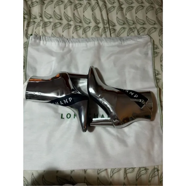 Longchamp Mirror Metallic Silver Logo Heeled Ankle Boot Designer 37 - Image 7