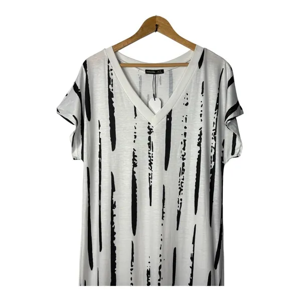 Noracora Abstract Stripe Maxi Dress Medium V-Neck Side Slit Black White‎ NWT - Image 10